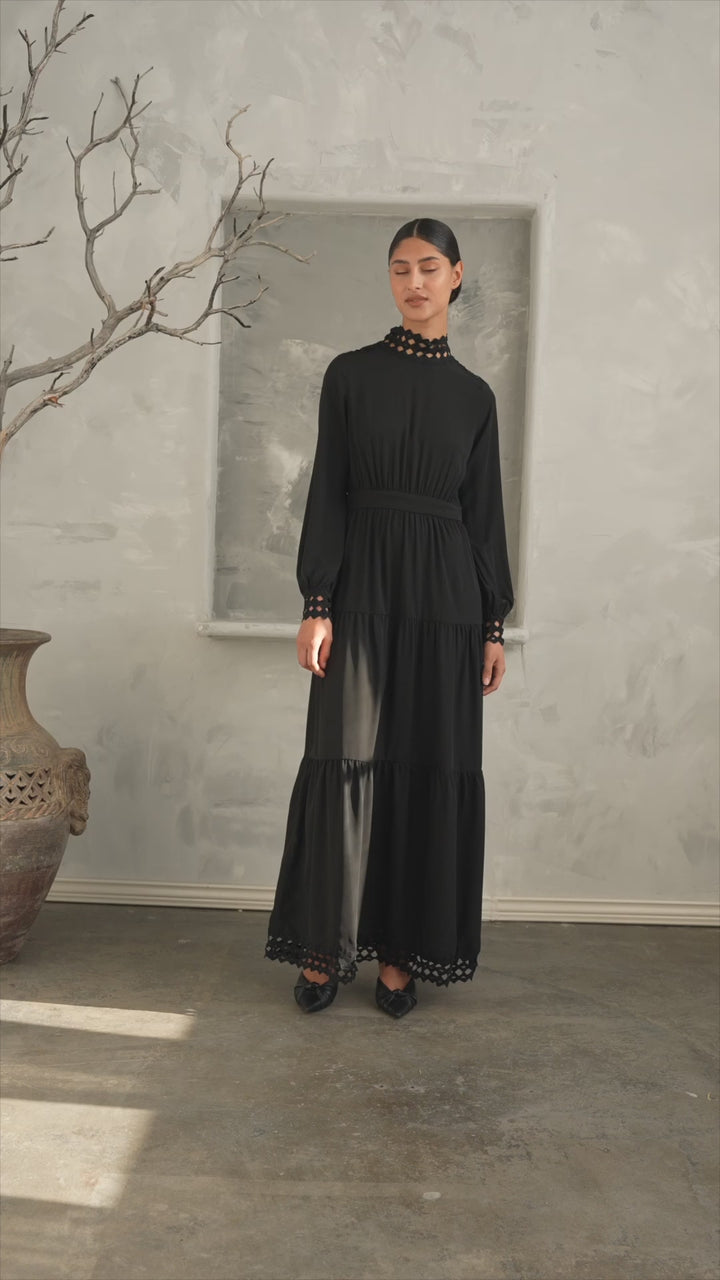 Black Lace Tiered Maxi Dress