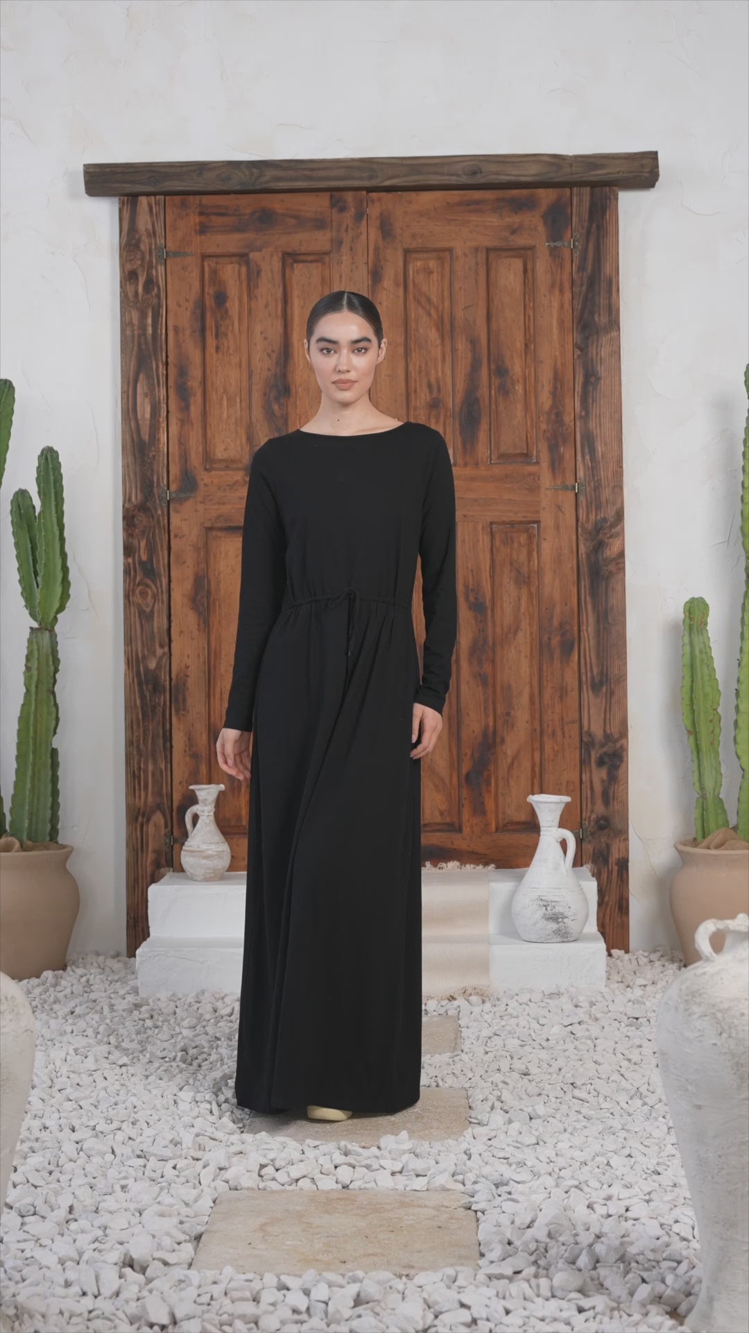 Black Drawstring Cotton Long Sleeve Maxi Dress