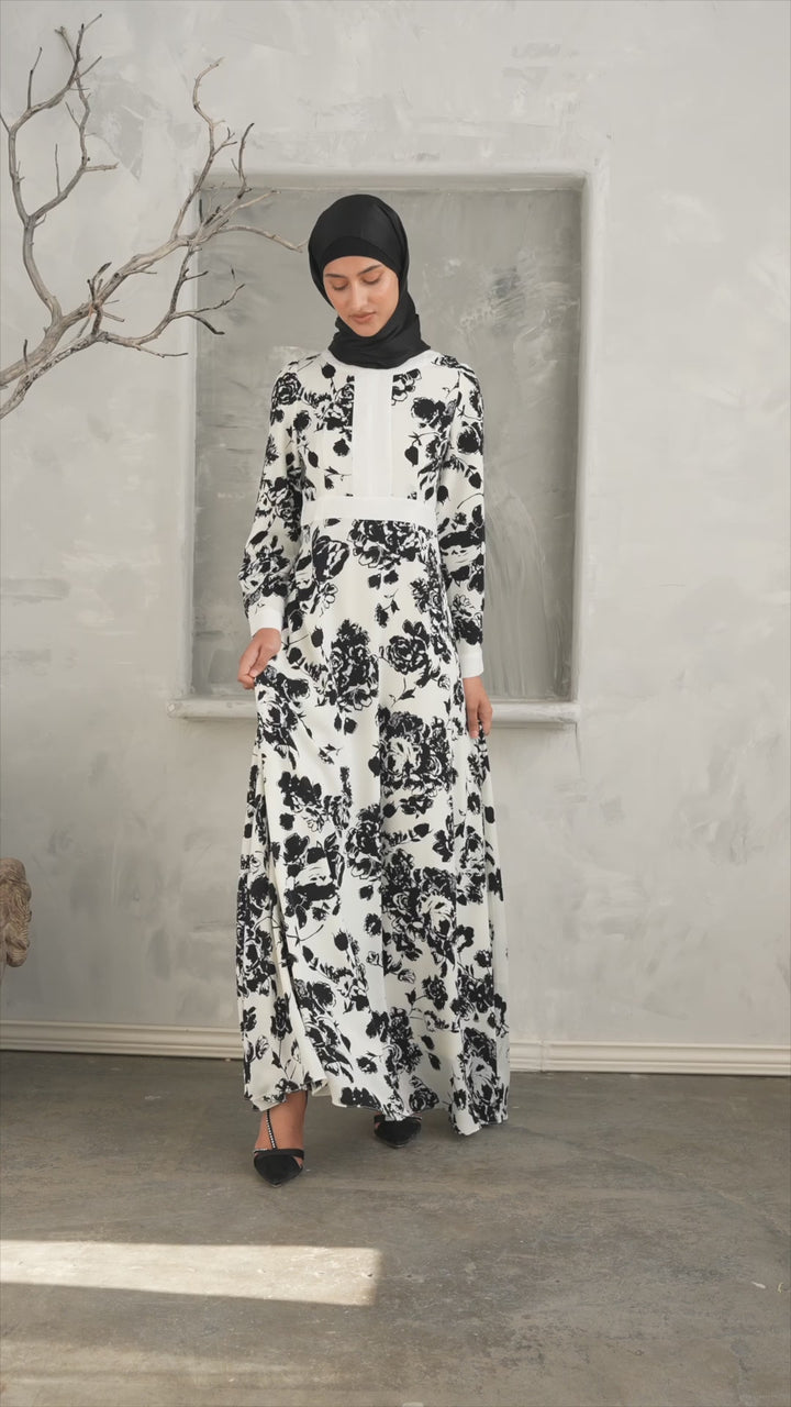 Black and White Floral Maxi Dress With Sleeves-CLEARANCE