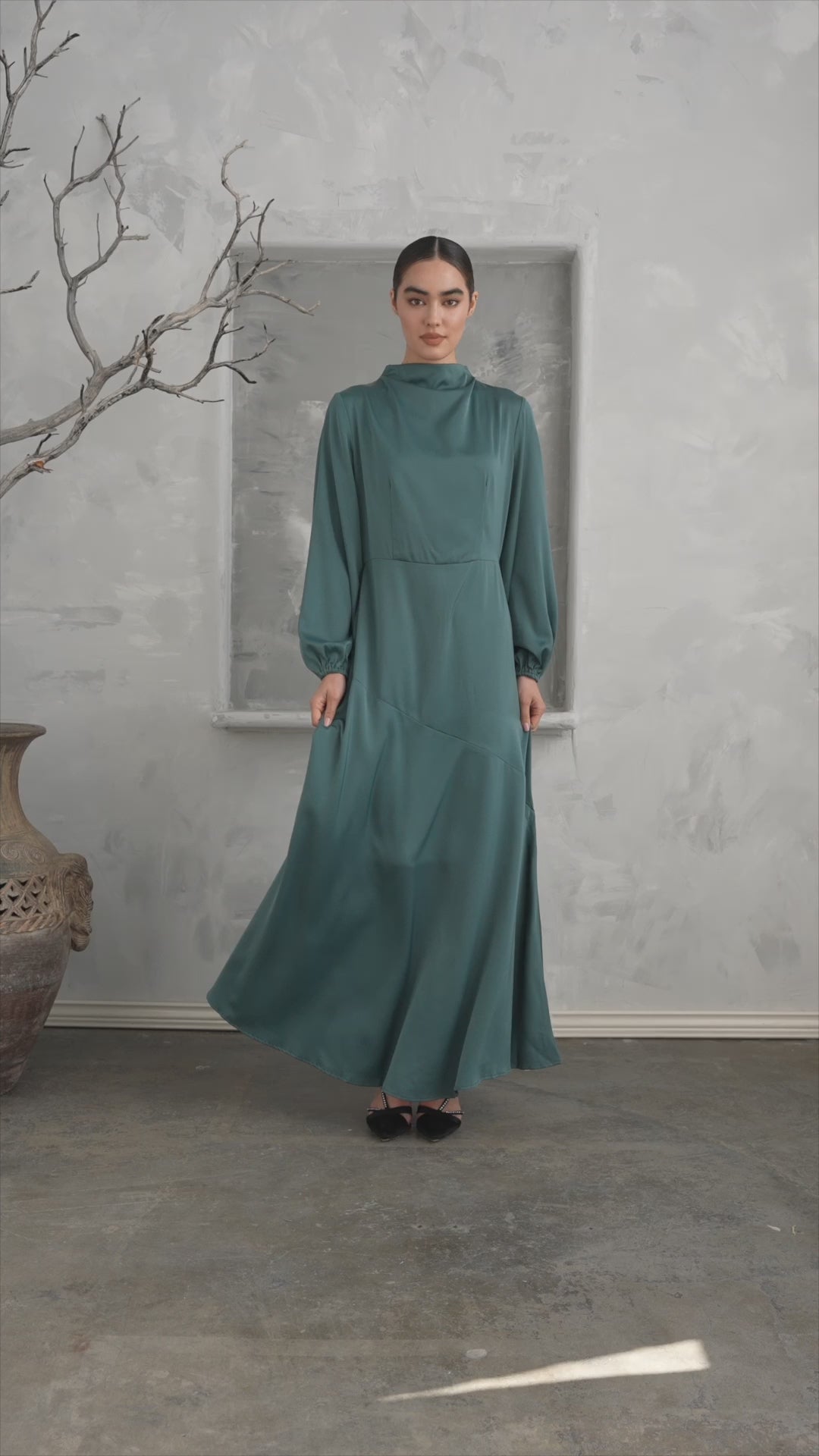 Forest Green Satin Long Sleeve Maxi Dress
